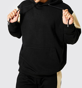 Conjunto de Sudadera con Capucha y Pantalones Deportivos para Hombre, Diseño Color Block, Negro Crema, Manga Larga, Corte Regular, 100% Algodón, para Otoño - Product Image 4