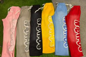 Custom Made Casual Men's Staked <b>Trousers</b> Streetwear Cotton Fleece Embroidery Logo Rhinestone Outline Flare <b>Trouser</b> - Product Image 3