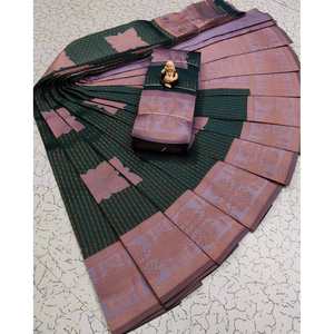 DESIGNER TISSU SOIE ZARI TISSU TRAVAIL SAREE AVEC CHEMISIER NON COUDU VERT - Product Image 1