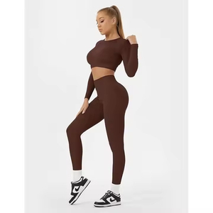 Ensemble de yoga côtelé pour femme, taille haute, manches longues, tenue de sport sans couture, couleur unie, grande taille, imperméable - Product Image 3