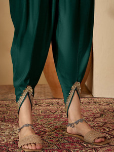 Women's Emerald Green <b>Silk</b> <b>Kurta</b> Set With Embroidery Ankle-Length Trouser Traditional Loose Fit Casual Wear India Pakistan Style - Product Image 6