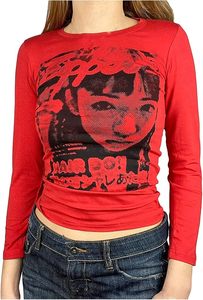 Denim Chiffon Knitted Anti-Pilling Logo Print Long Sleeve Y2K Style Casual T-shirt Women's - Product Image 2