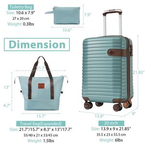 20 Inch Blue 3-Piece Carry-On Luggage Set Lightweight Hardshell ABS Suitcases with Wheels 22x14x9 Airline Approved - Product Image 6