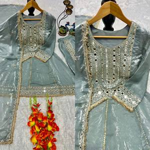 Ensemble Kurta Palazzo Dupatta en soie vert sauge pour femmes, avec travail miroir, costume traditionnel Salwar pour mariage - Product Image 4