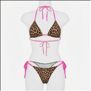 Ensemble bikini 2 pièces imprimé léopard pour femme, haut dos nu et bas à nouer sur les côtés, bordure rose, maillot de bain extensible - Product Image 1