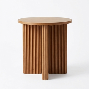Modern <b>Solid</b> Teak <b>Wood</b> Round Side Table Fluted Base Minimalist Bedroom Nightstand Eco Friendly Handcrafted Living Room Furniture - Product Image 2
