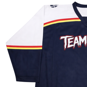 Maillot de hockey sur glace à manches courtes personnalisé pour hommes, imprimé par sublimation, bleu marine et blanc, uniforme de hockey avec nom d'équipe, respirant et athlétique - Product Image 4