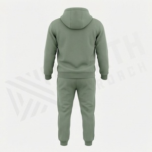 Men's Green Hooded <b>Tracksuit</b> Full Zip Geometric Pattern Casual Sportswear Set With Side Pockets Autumn Wear - Product Image 2