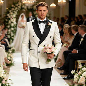 <span class=keywords><strong>Costume</strong></span> de smoking 2 pièces pour homme, coupe ajustée, satin ivoire et <span class=keywords><strong>noir</strong></span>, revers en pointe, blazer croisé et pantalon, pour mariage, marié, soirée formelle - Product Image 4