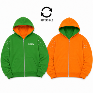 Sweat à capuche réversible personnalisé à fermeture éclair, double face vert-orange, épais, orné de strass, pour homme, style streetwear, fabricant OEM - Product Image 2