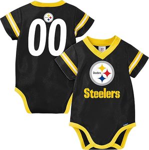 Combinaison bébé en maille noire avec bordure jaune, logo de l'équipe brodé, polyester personnalisé, drapeau américain Pittsburgh Steelers - Product Image 1