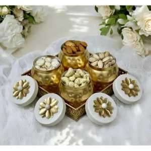 Luxury Blue Resin Marble Finish Spice Jar <b>Set</b> of 4 with Gold Foil Accents Round <b>Serving</b> Tray Modern Condiment Storage <b>Set</b> - Product Image 5