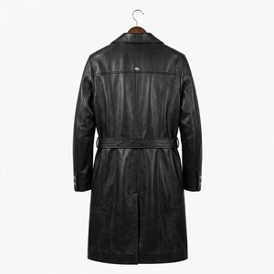 Men's Black <b>Leather</b> <b>Trench</b> <b>Coat</b> <b>Long</b> Overcoat Turn Down Collar Belted Button Front Winter Outerwear - Product Image 6