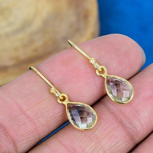 Natural <b>Green</b> Amethyst Pear Shaped Gemstone Teardrop <b>Earring</b> Handmade 18k Micron Gold Over 925 Sterling Silver - Product Image 1