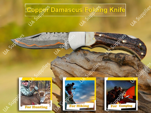 Couteau pliant professionnel Sanmai en acier Damas cuivré, manche en corne de cerf, ergonomique, léger, haute qualité, pour le camping et l'extérieur (EDC) - Product Image 5