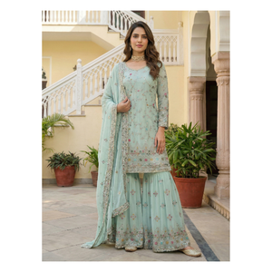 Kurti de georgette sintético con bordado de hilo, lentejuelas y zari, conjunto Sharara con dupatta, ropa étnica para bodas, fiestas y celebraciones para damas. - Product Image 1