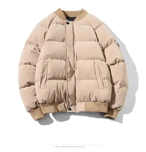 Blouson matelassé beige pour homme, coupe-vent, fermeture éclair, rembourrage en polyester, hiver, décontracté, coupe ample, col rabattu, manches classiques - Product Image 1
