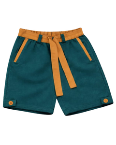 เสื้อกล้ามสีเขียวอมฟ้าสำหรับผู้ชายและกางเกงขาสั้นเข้าชุด ชุดฤดูร้อนผ้าฝ้าย แต่งขอบสีมัสตาร์ด ชุดสองชิ้นพร้อมเชือกผูก - Product Image 5