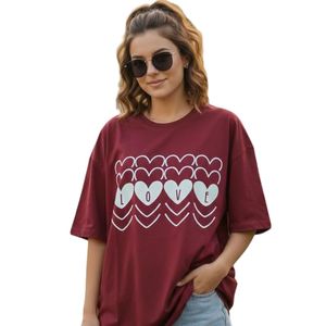 Camiseta Oversize de Algodón con Cuello Redondo y Manga Media para Mujer, Estampada, de Hombro Caído y Ajuste Holgado - Product Image 1