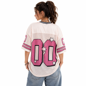Camiseta Deportiva de Malla Personalizada de Alta Calidad, Cuello en V, Manga Corta, Corte Holgado, Diseño Gráfico de Estrellas y Números, Estilo Urbano Y2K, Venta al Por Mayor - Product Image 3