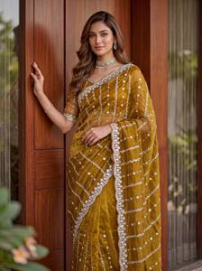 Elegante Sari de Seda Color Mostaza con Borde Bordado con Cuentas y Blusa a Juego para Bodas, Sari Largo Hasta el Suelo para Mujer - Product Image 1