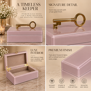 Boîte de rangement pour bijoux en verre rose poudré avec poignée à clé dorée, finition brillante, doublure douce, organisateur décoratif pour souvenirs et articles de toilette - Product Image 6