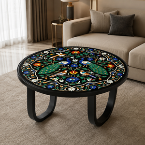 Mesa de Centro de Lujo Moderna Redonda con Incrustaciones de Mármol Negro y Diseño de Pájaro, Hecha a Mano, Ecológica, con Piedra Dura, para Decoración del Hogar - Product Image 1