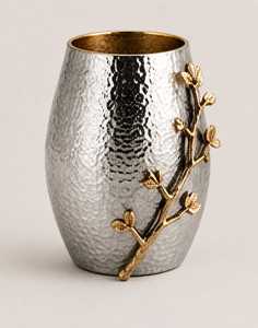 Vase en métal fait main avec motif de branche en feuille d'or, décoration de table contemporaine, vase à fleurs en métal de luxe, vase en argent martelé - Product Image 3