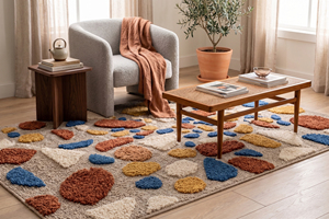 Tapis en terrazzo bleu rouille moutarde, motif abstrait multicolore en galets, tapis bicolore à poils longs et courts avec formes texturées en relief pour un intérieur moderne - Product Image 3