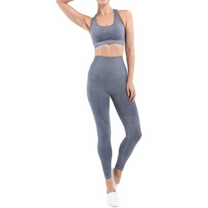 Women Yoga Set Solid Gray Racerback Crop Top High Waist Full Length <b>Leggings</b> <b>Seamless</b> Four-Way Stretch Fitness Wear - Product Image 1