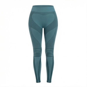 Leggings de yoga taille haute pleine longueur couleur vert sarcelle uni, maille côtelée sans couture, extensible dans les quatre sens, vêtements de sport pour femmes - Product Image 1