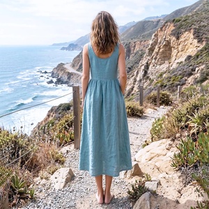 Cotton Midi Dress 100% Cotton with Pockets Vintage A-Line Summer Beach Vacation Flowy Factory Price - Product Image 2