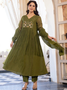 <b>Women</b> Olive Green Silk Blend Embroidered Knee-Length Quick Dry Digital Print <b>Kurta</b> Set Trousers Traditional Indian Pakistani - Product Image 1