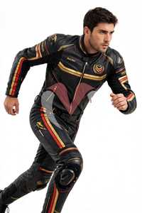 Conjunto de Chaqueta y Pantalones de Motociclismo para Hombre, en Cuero Negro y Cobre, Resistente al Viento, con Bloques de Color y Mangas Largas - Product Image 4