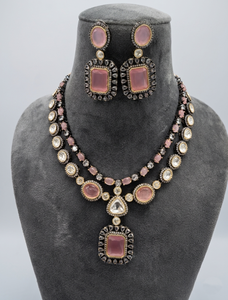 Conjunto de Joyería Nupcial India, Collar y Aretes de Latón Plateado con Circonitas, Tono Oro Rosa, para Bodas y Fiestas - Product Image 1