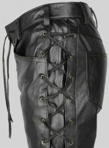 Pantalon en cuir noir pour homme, taille haute, à lacets, coupe droite, style gothique, pour l'automne - Product Image 3
