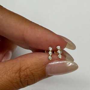 Modern Straight Bar Studs 14K Solid <b>Gold</b> Bezel Cut Lab Grown Trio Diamond White D Color VS+ Clarity 0.18ct Minimalist <b>Earrings</b> - Product Image 4