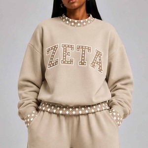 Zeta Wholesale Cotton Fleece <b>Mock</b> <b>Neck</b> Sweatshirt Women Men Ladies Unisex Polka Dot Gingham Patch University Chenille Embroidery - Product Image 4