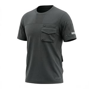 เสื้อยืดเทคแวร์ทรงโอเวอร์ไซส์สำหรับผู้ชาย แบบขายส่ง รับผลิตตามสั่ง (OEM) ผ้าฝ้ายฟลีซ 100% ซับเหงื่อ สีเทาเข้ม มีหลายกระเป๋า - Product Image 2