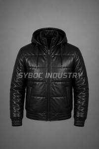 Blouson matelassé en cuir pour homme avec options de col en tricot et capuche, coloris noir et marron, fermeture éclair sur le devant, hiver - Product Image 2