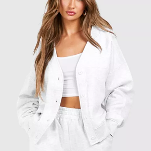 Ensemble de survêtement en coton blanc pour femme, coupe ample, pantalon de survêtement long et veste boutonnée, tenue décontractée pour le printemps avec poches latérales - Product Image 5