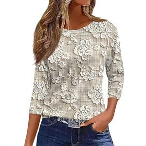 Floral Print <b>Sweet</b> Long Breathable Casual Women's 2026 Summer Cotton Blouse <b>Heart</b> Print Off-Shoulder T-Shirt Lace Trim - Product Image 1