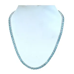 Collier tennis en saphir bleu glace naturel 4x4 MM, chaîne à maillons en argent sterling plaqué or 18 carats, ethnique, pour anniversaire, fête - Product Image 3