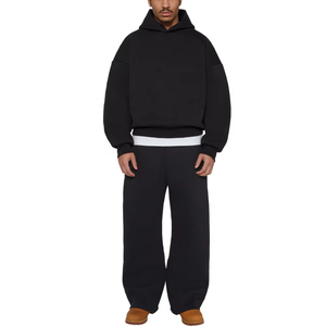 Men's Black Hooded Sweatshirt <b>Set</b> Solid Color French Terry Casual Jogging Outfit Autumn Wear Straight Leg Sweatpants - Product Image 1