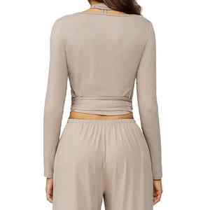 <b>Wrap</b> Front Long Sleeve Crop <b>Top</b> With Halter Neck Detail & Adjustable Tie Waist Stretchy Fabric Daily Wear Yog Sets - Product Image 2