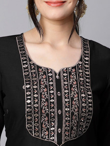 Black Cotton Knee-Length <b>Kurta</b> Set Embroidered Neckline Dupatta Regular Fit Traditional Indian Pakistani <b>Women</b> Diwali Quick Dry - Product Image 5
