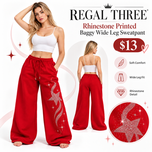 Pantalon de survêtement ample en molleton imprimé avec strass pour femme, avec cordon de serrage, coupe décontractée, idéal pour l'hiver - Product Image 1