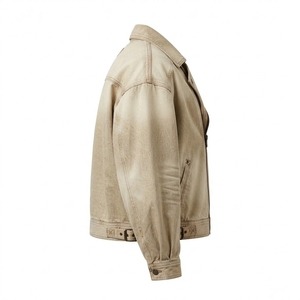 Blouson Biker Homme en Toile Lavée Beige Sable avec Fermeture Éclair Asymétrique, Style Vintage Usé, en Coton Épais, Col Revers, Veste Décontractée Type Trucker - Product Image 3