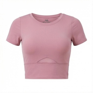 Pink Crew Neck Short Sleeve <b>Crop</b> <b>Top</b> With <b>Mesh</b> Cut-Out Seamless Yoga Wear Women's Sportswear - Product Image 1