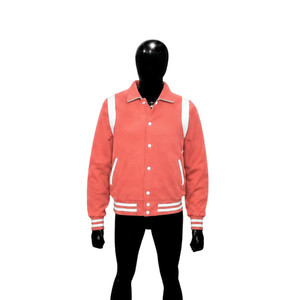 Veste universitaire personnalisée en satin rose corail avec panneaux d'épaule blancs, veste de baseball premium pour hommes et femmes, style classique - Product Image 1